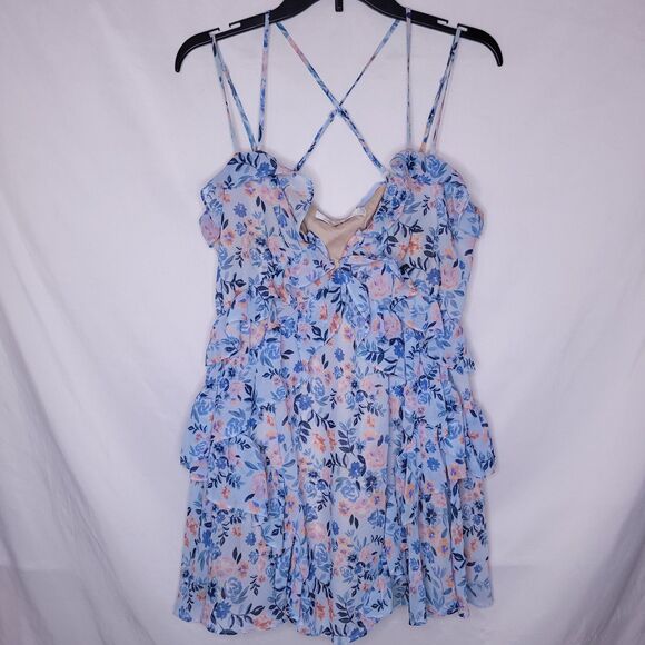 Lovers and Friends Dress Medium Baby Blue Floral Rae Mini Ruffle - Picture 1 of 9